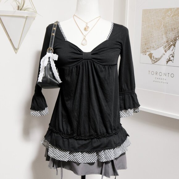Black Babydoll Top w/ Striped Sheer Ruffle Trim 🐈‍⬛ JAPANESE BRAND - Picture 1 of 10